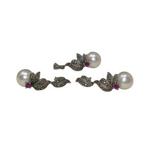 ALX Thai Sterling Silver 925 Marcasite Pearl Ruby Accent Earring & Charm Pendant